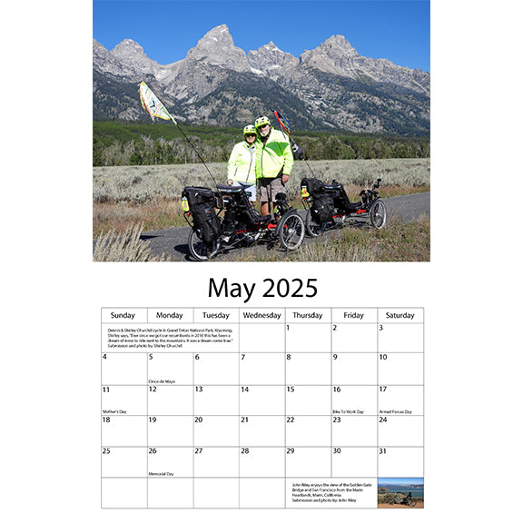 May 2025 features two trikers posing by their trikes in front of a mountain range.