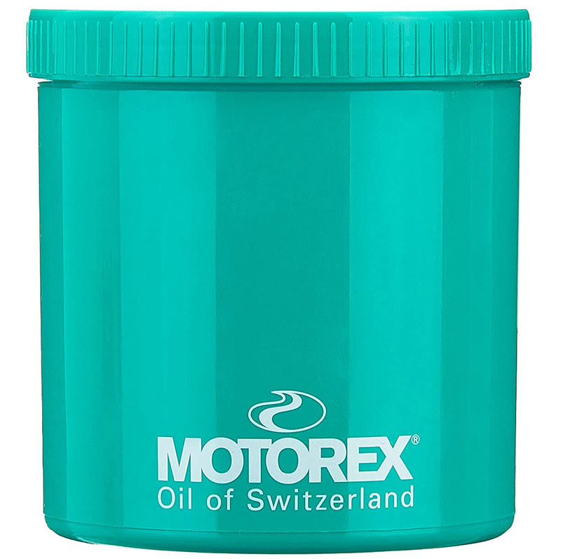 Studio view of green jar of Motorex Bike Grease with white lettering that says Motorex Oil of Swtizerland. 
