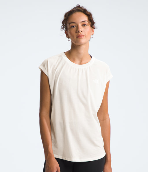 The North Face Womens Wander Slitback S/S White Dune being worn by model studio image front