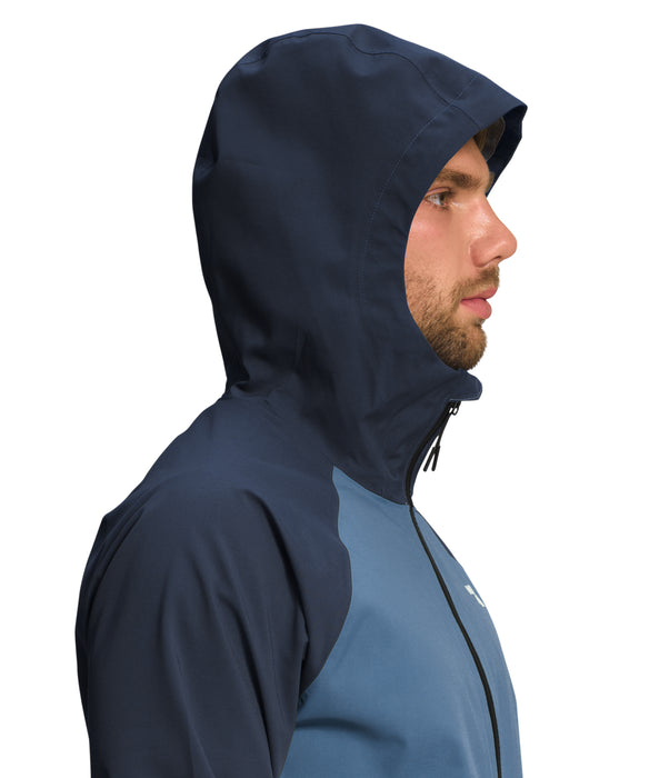 The North Face Mens Valle Vista Stretch Jacket Summit Navy/Shady Blue being worn by model hood closeup studio image 