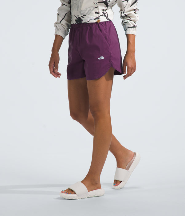 The North Face Womens Class V Pathfinder Pull-On Short Black Currant Purple being worn by model studio image side