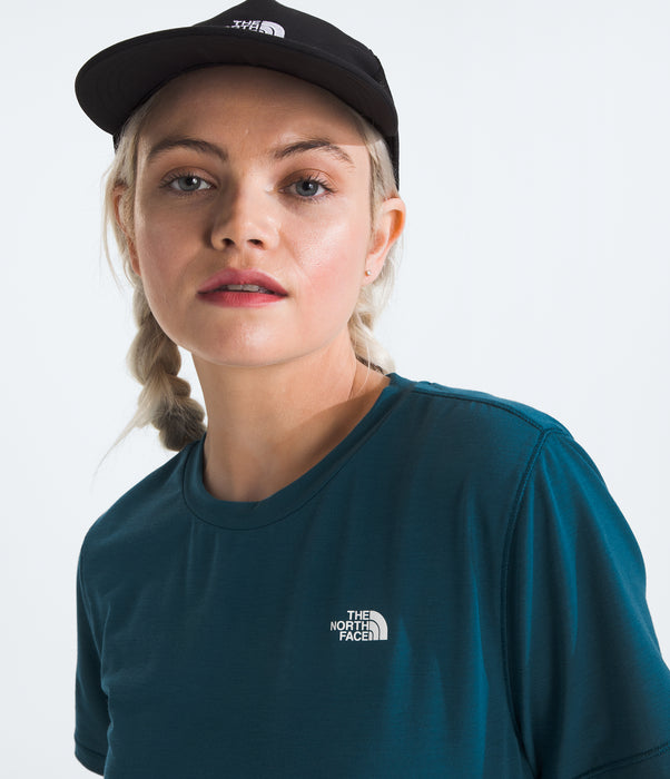 The North Face Womens Adventure Tee Blue Moss being worn by model studio image closeup