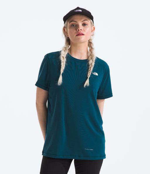 The North Face Womens Adventure Tee Blue Moss being worn by model studio image front