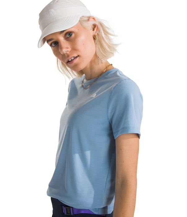 The North Face Womens Adventure Tee Steel Blue being worn by model studio image side