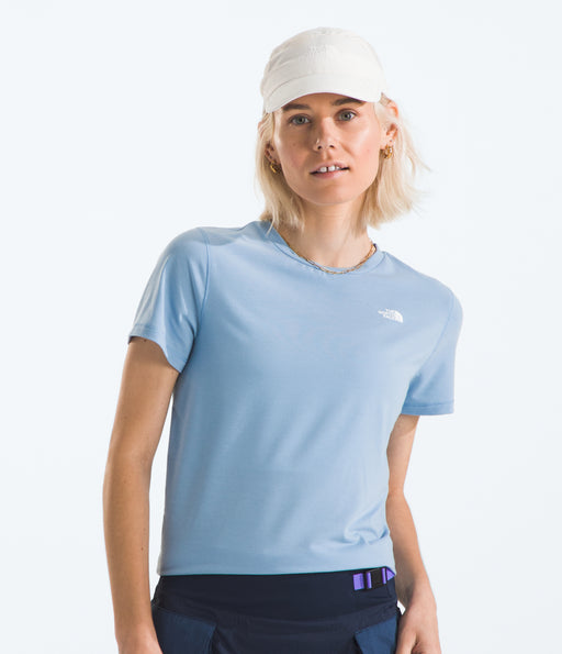 The North Face Womens Adventure Tee Steel Blue being worn by model studio image front
