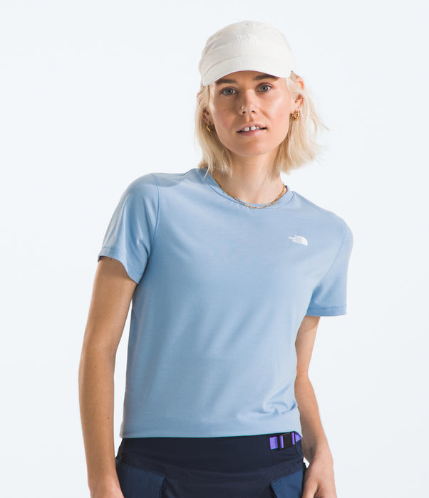 The North Face Womens Adventure Tee Steel Blue being worn by model studio image front