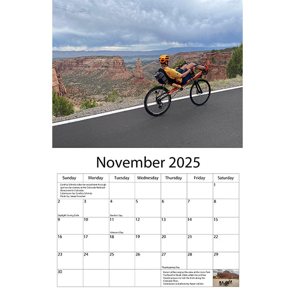 November 2025 features a recumbent biker riding through a scene of red rocks and canyons in Colorado National Monument.