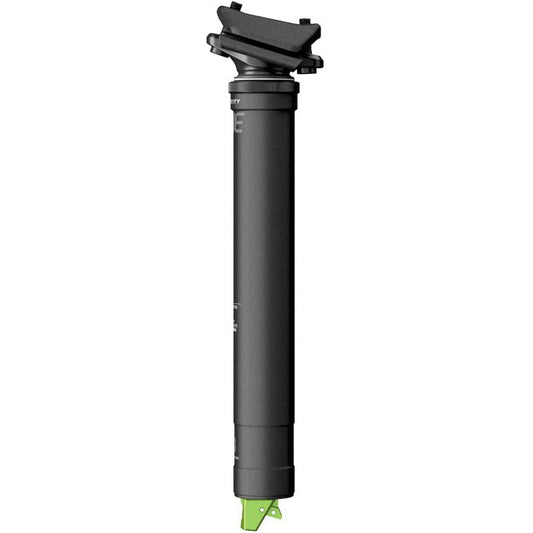 A black bicycle seatpost with a green accent, featuring a cable actuator and adjustment shims.