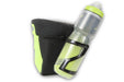 Ortlieb Ultimate High-Vis Neon Yellow/Black Reflective Handlebar Bag with water bottle cage and bottle mounted side view