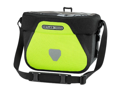 Front view of the Ortlieb Ultimate High-Vis Neon Yellow/Black Reflective Handlebar Bag.