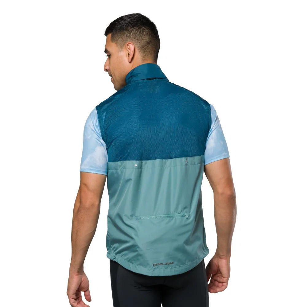 Pearl Izumi Mens Quest Barrier Convertible Jacket Nightfall Arctic, studio photo back view, no sleeves