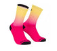 Pearl Izumi Transfer LTD 7 inch Socks Screaming Yellow Gradient which starts with bright yellow at the top fading into hot pink on the bottom.  Black toes and heel.