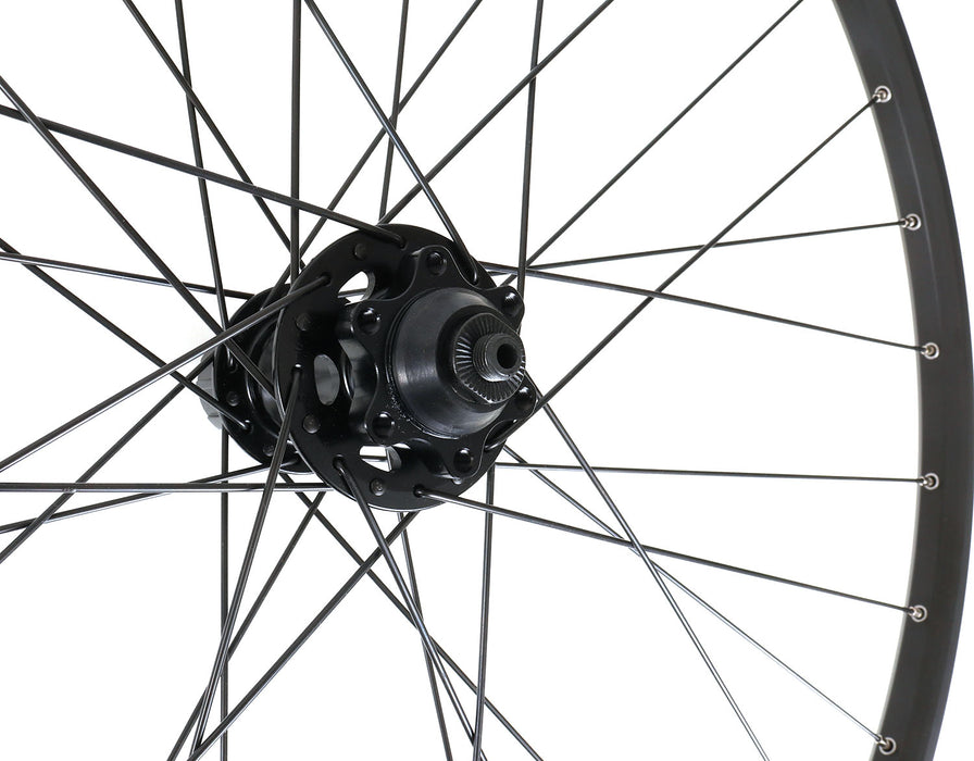 Quality Wheels Double Wall 29" Quick Release Black Disc Rear Wheel, studio disc side detail view