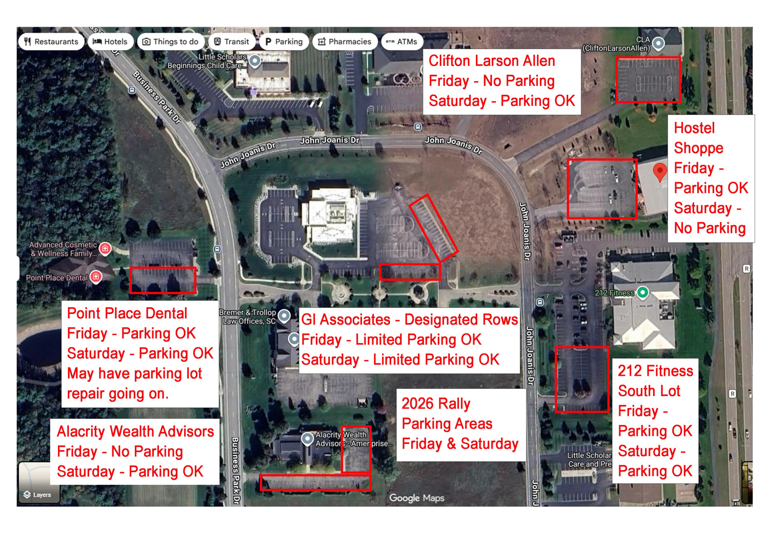 A Google Maps-style aerial property map with multiple red outlined parcels and white text labels pointing to different lots and buildings, including Clifton Larson Allen, Point Place Dental, GI Associates, 2026 Rally Parking Areas, Hostel Shoppe, and 212 Fitness South Lot.