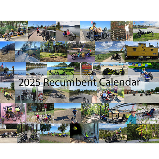 2025 Hostel Shoppe Recumbent Calendar Cover shows a collage of recumbent pictures.