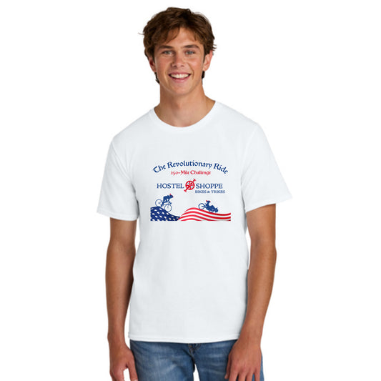 Person wearing a white t-shirt with a Revolutionary Ride 250 Mile Challenge logo in red and white on a white background.