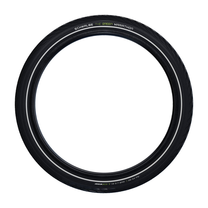 Side view of a black Schwalbe Green Marathon 20 inch tire with a reflective stripe. The words Schwalbe and Marathon are in white and the word Green is in green lettering