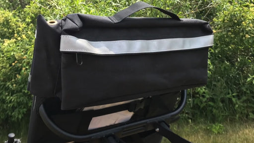 TerraTrike Seat Bag Wide Silver Logo mounted on back of trike seat