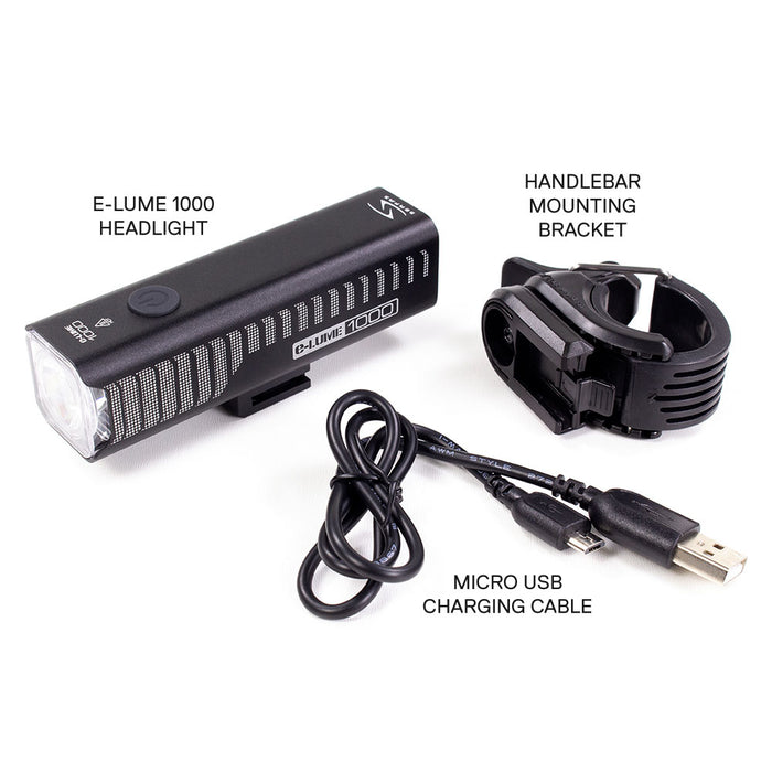 Serfas E-Lume 1000 Lumen USB Rechargeable Headlight, studio included parts view