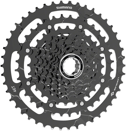 Shimano Cues CS-LG400 LinkGlide 9 Speed 11-46t Black Cassette, studio front quarter view