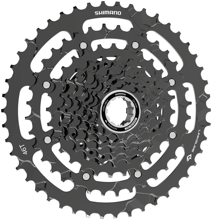 Shimano Cues CS-LG400 LinkGlide 9 Speed 11-46t Black Cassette, studio front quarter view