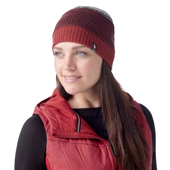 Smartwool Popcorn Cable Reversible Beanie in Currant Heather, studio front quarter view, with model