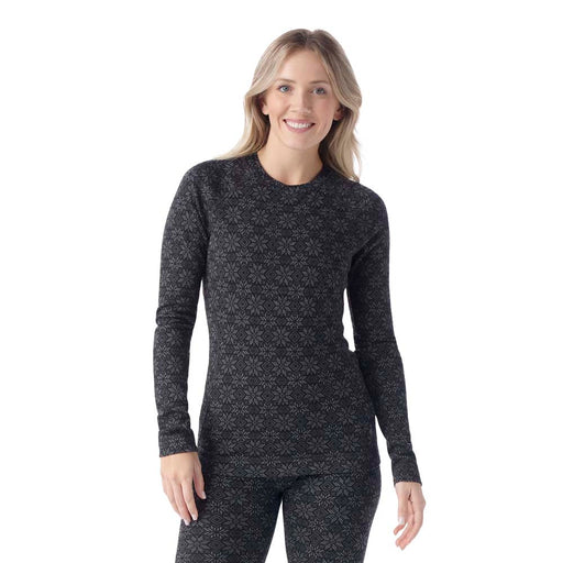 Smartwool Womens Thermal Base Layer Crew Black Digi Snow, studio front view with model