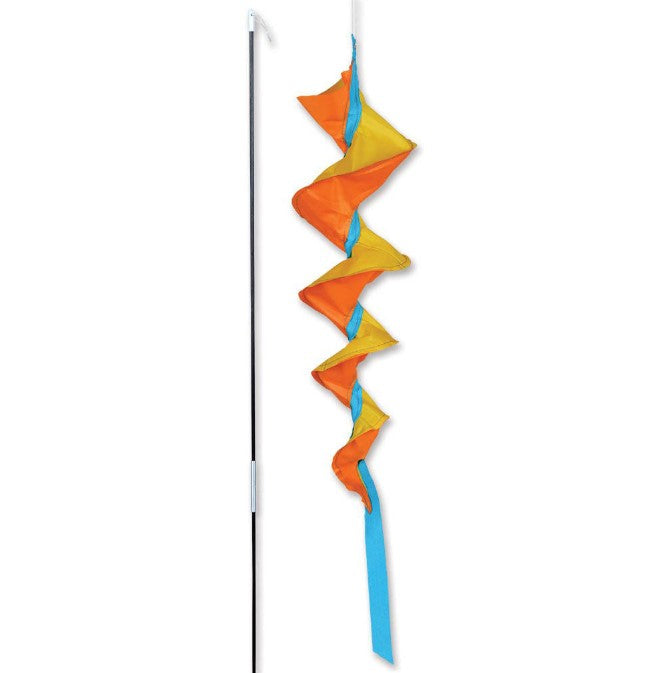 SoundWinds Small Fusilli Spinning Bike Windsock Orange Yellow Blue Studio Image