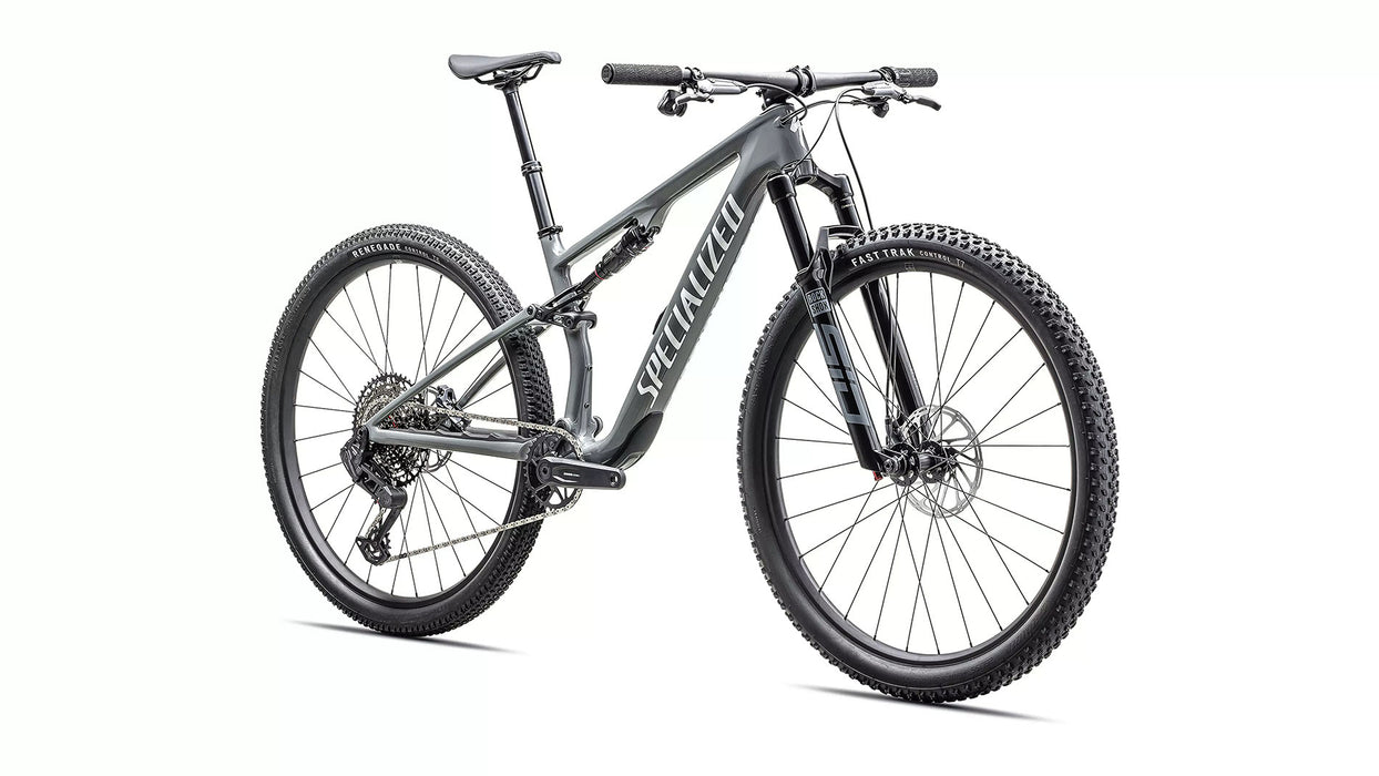 Specialized Epic 8 Comp Gloss Ashen Gray/ White, studio front quarter view