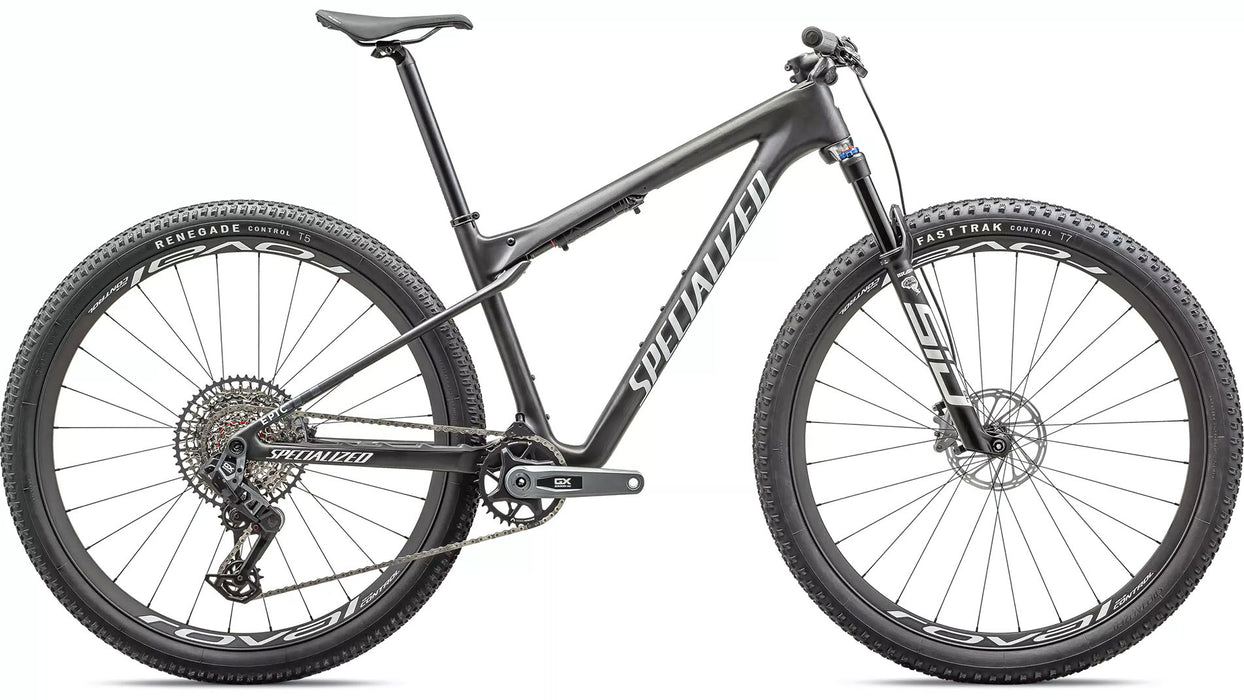 Specialized Epic World Cup Expert XC  Full Suspension Mountain Bike in Satin Carbon/White Pearl studio side view