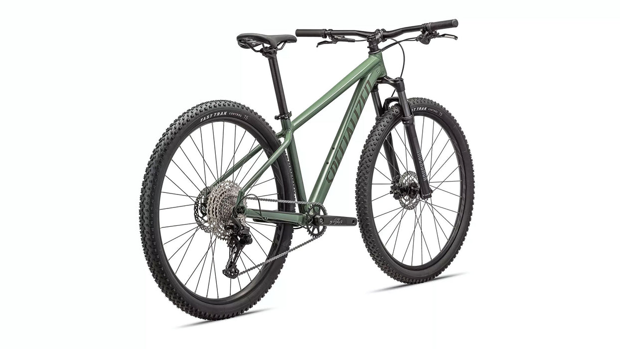 Specialized Rockhopper Elite Mountain Bike with 29 inch Wheels in Sage Green / Oak Green studio rear quarter view