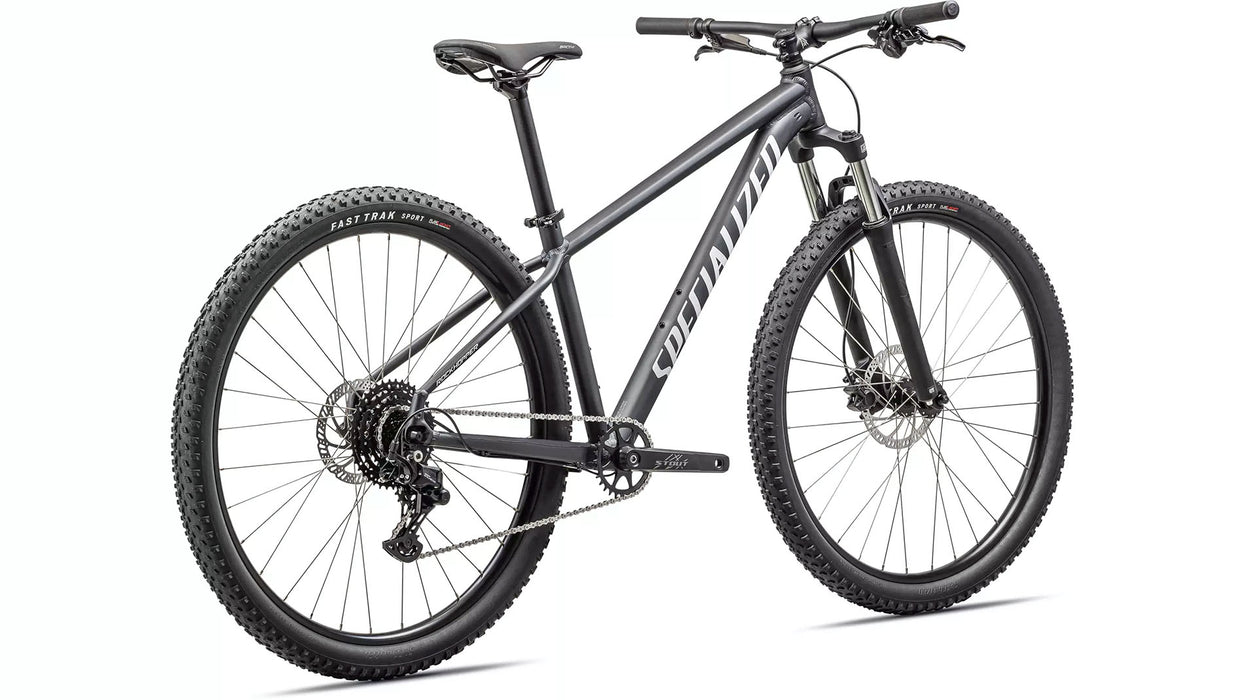 Specialized Rockhopper Sport 29 Satin Black Liquid Metal / White, studio rear quarter view