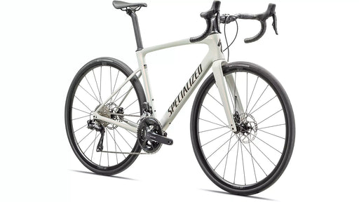 Specialized Roubaix Comp Road Bike with Future Shock in Pearl White/ Obsidian studio front quarter view