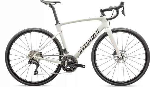 Specialized Roubaix Comp Road Bike with Future Shock in Pearl White/ Obsidian studio side view