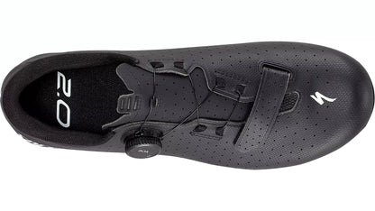 Studio top view of a black shoe with white S across top of toe, a black hook and loop closure at base of toes and Boa dial adjustment cross top of foot.  