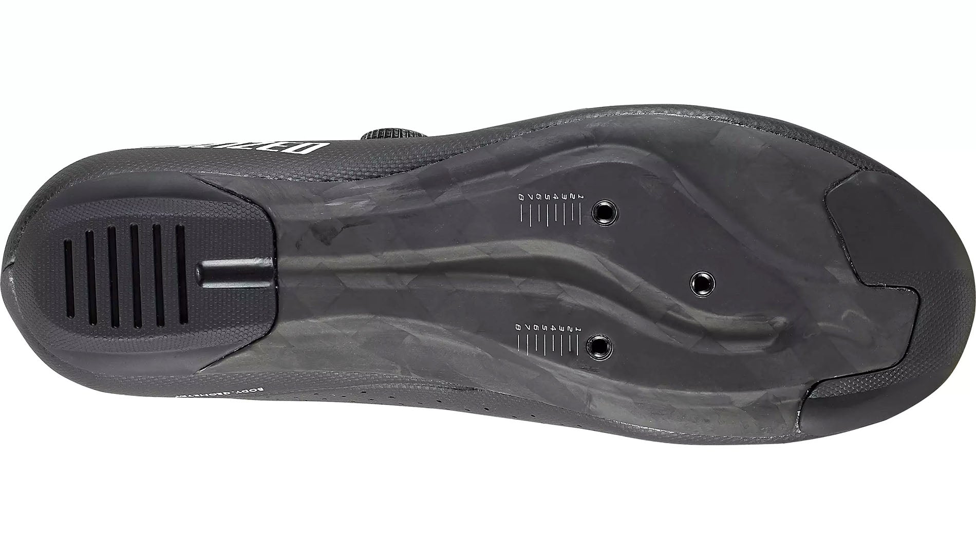 Studio bottom view of a black shoe with black sole and three holes in a triangular pattern for SPD road cycling cleats. 