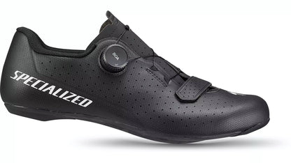 Studio side view of a black shoe with white Specialized lettering along outside of heel, a black hook and loop closure at the base of the toes and a boa dial fit adjustment at the top.