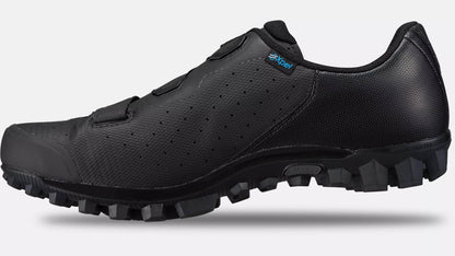 Studio image of the inner side of a black Specialized Recon 2.0 mountain bike shoe with black lugged sole.