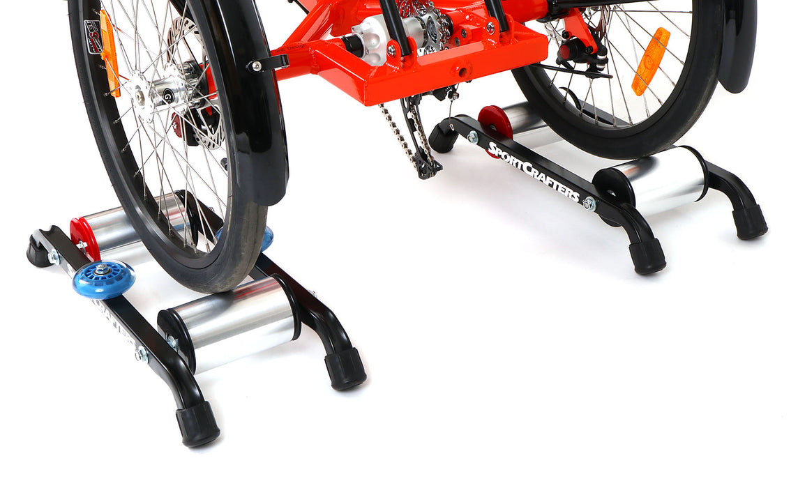 Sportcrafters Two-Wheel Drive Recumbent Trike Trainer Set rear quarter view