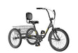 Sun Atlas Transit adult traditional trike with black frame, wheel, seat and basket and yellow decals. Front angled profile view.