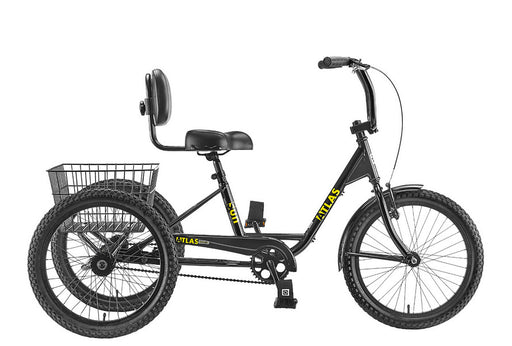 Sun Atlas Transit adult traditional trike with black frame, wheel, seat and basket and yellow decals. Right profile view.