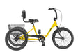 Sun Atlas Transit adult traditional trike with yellow frame with black decals, black wheel, seat and basket. Right profile view.