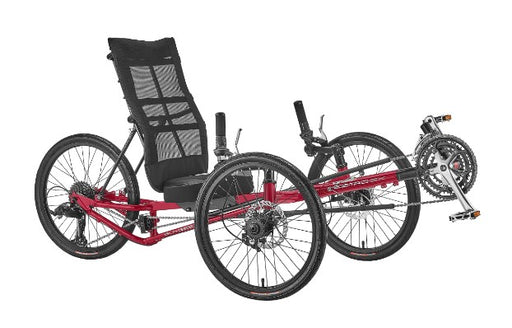 Angled view of the Sun Seeker EZ-Tad SX Tadpole Recumbent Trike in Fire Red.