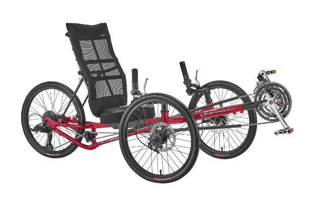 Angled view of the Sun Seeker EZ-Tad SX Tadpole Recumbent Trike in Fire Red.