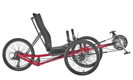 Side view of the Sun Seeker EZ-Tad SX Tadpole Recumbent Trike in Fire Red.