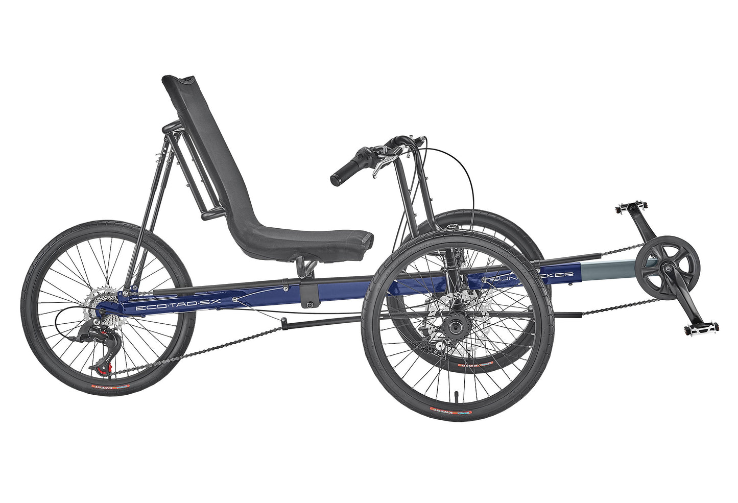 Studio image right profile of navy blue and black Sun Seeker Recumbent Trike