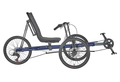 Studio image right profile of navy blue and black Sun Seeker Recumbent Trike