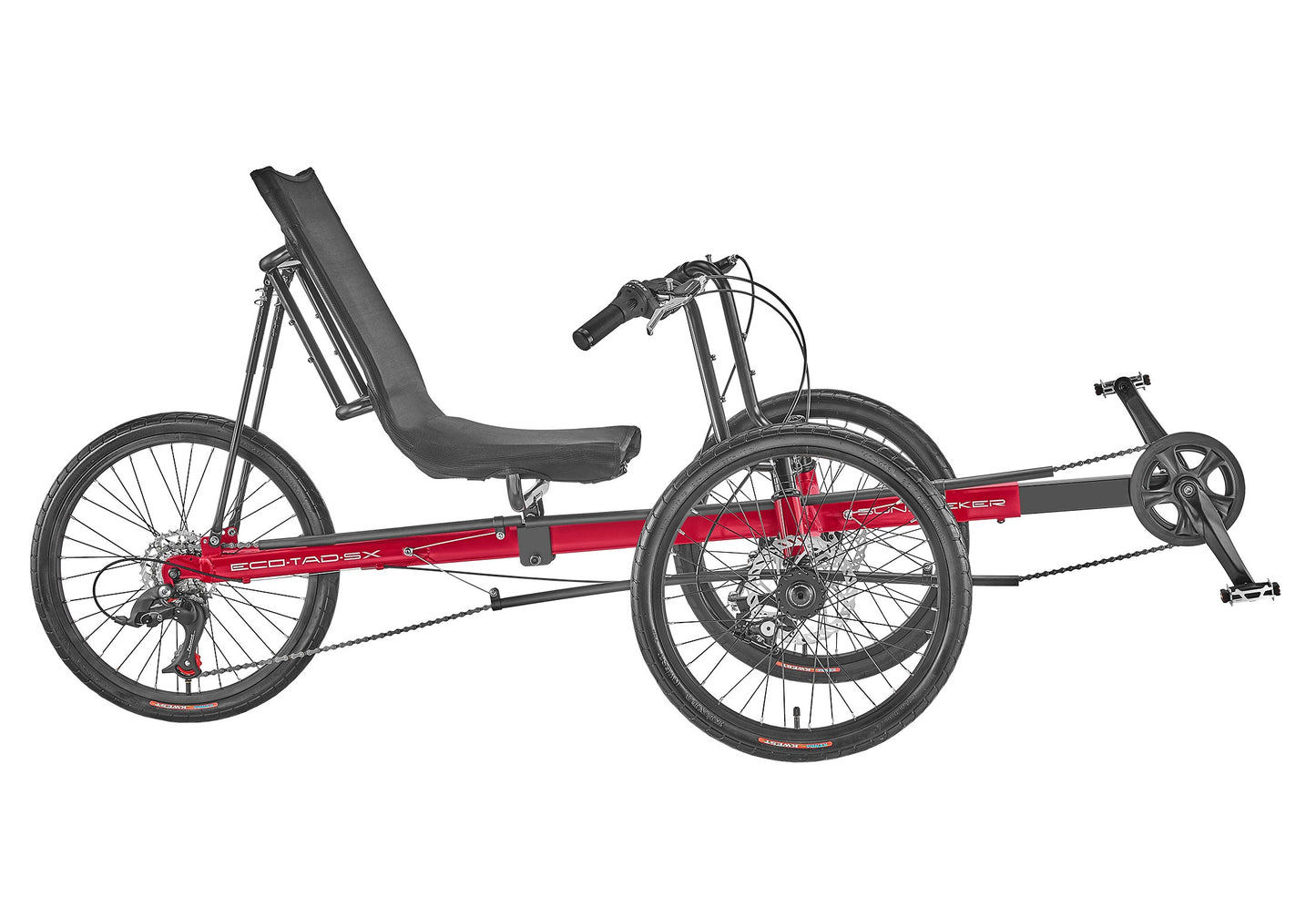 Studio image of right profile of Sun Seeker Eco-tad SX red and black recumbent trike