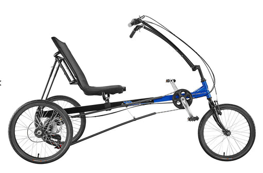 Studio right side profile view of Sun seeker Eco Delta SX recumbent trike.  Black fork, front half of frame royal blue, back half of frame black.  Above seat handlebars are black so is seat.