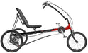 Studio right side profile view of Sun seeker Eco Delta SX recumbent trike. Black fork, front half of frame red, back half of frame black. Above seat handlebars are black so is seat.